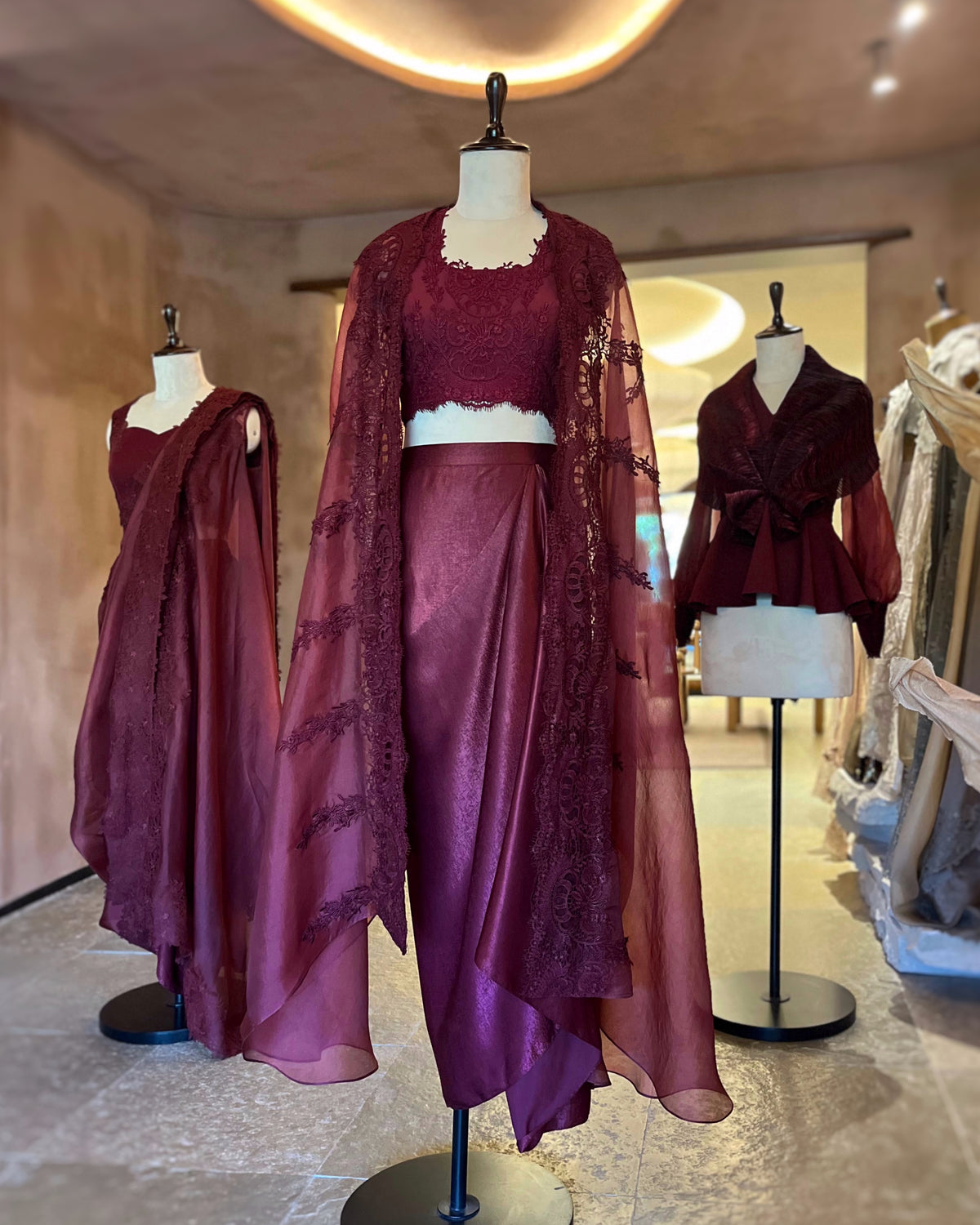 Plum laced organza cape set