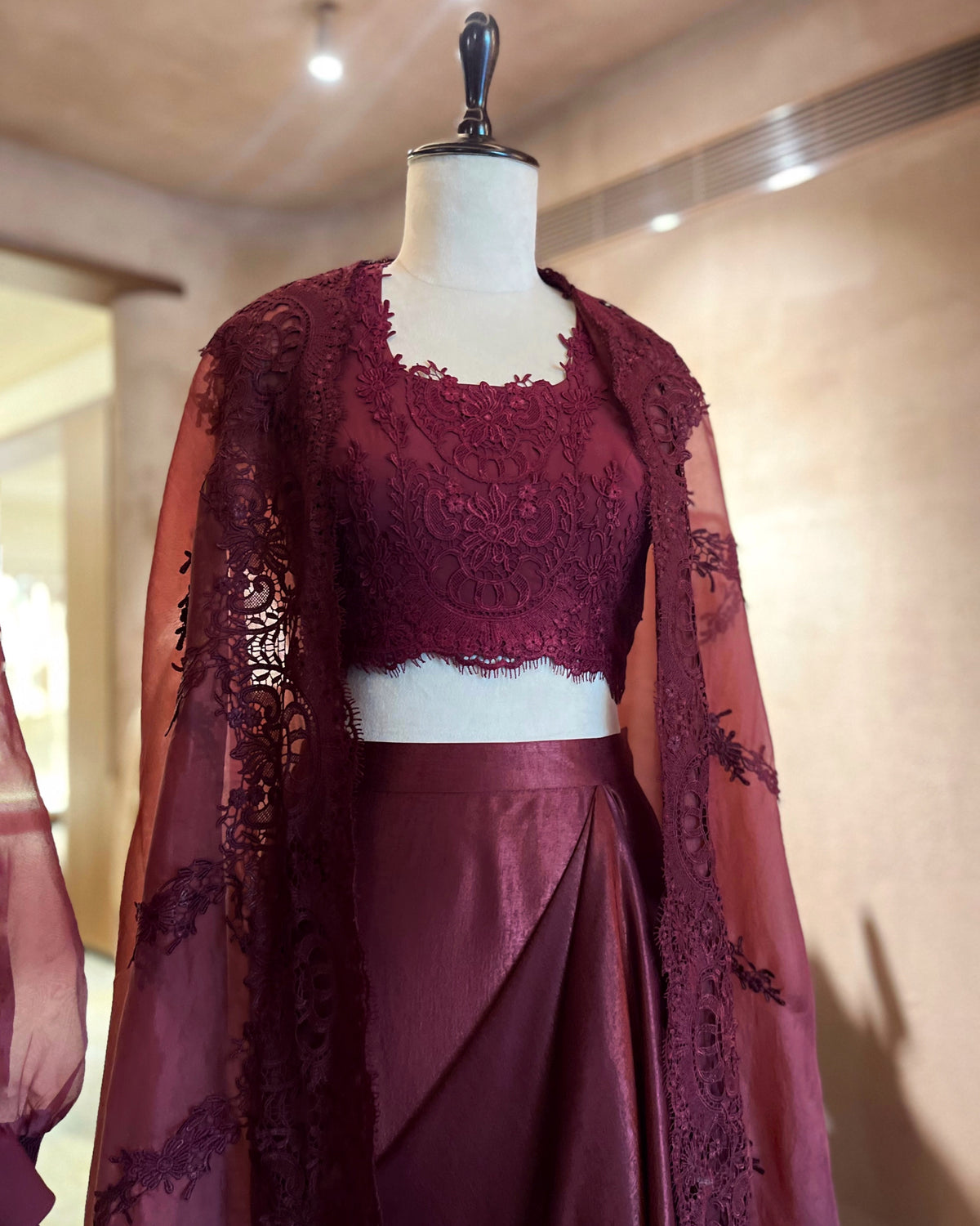 Plum laced organza cape set