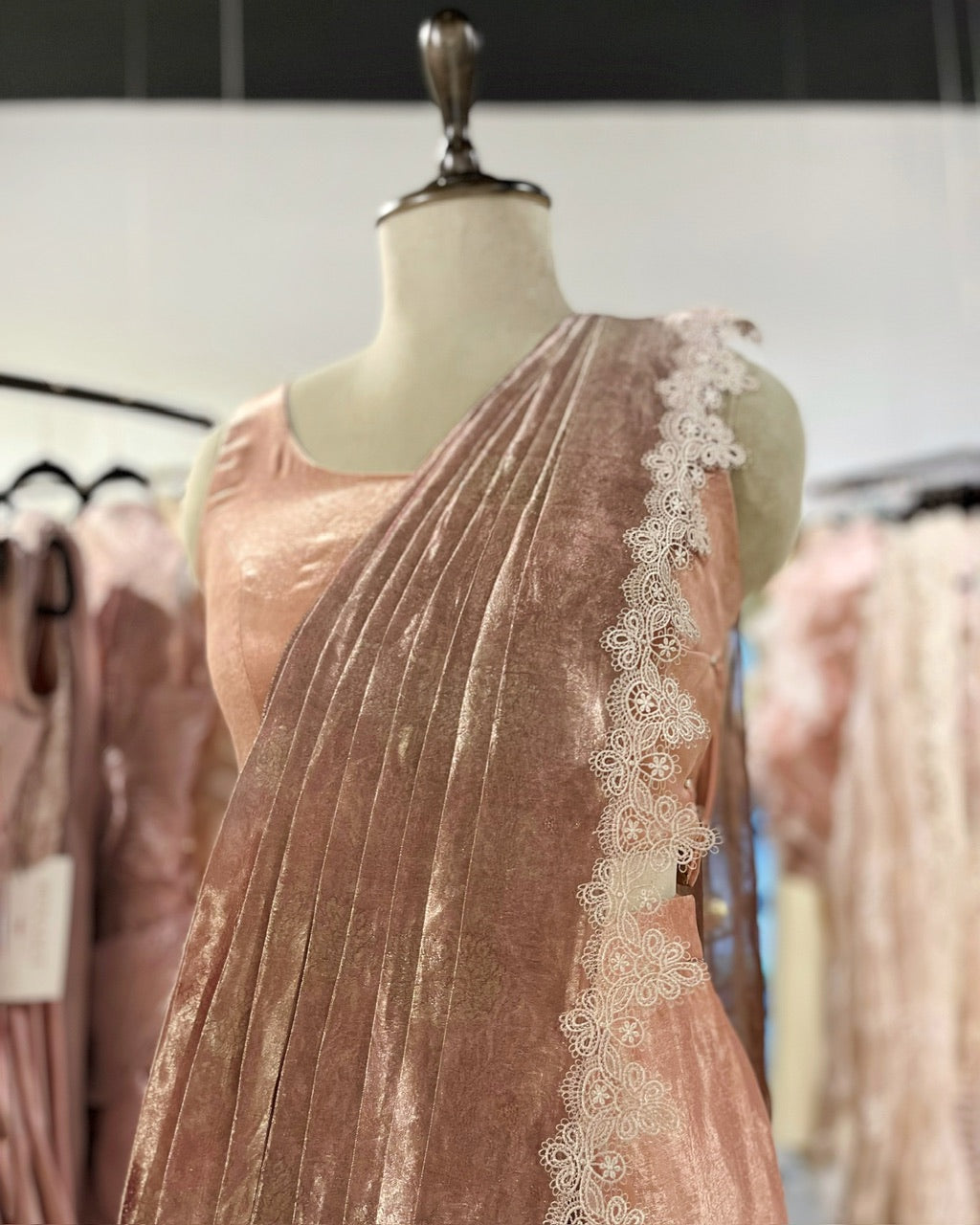 Peach tissue pre-draped saree set