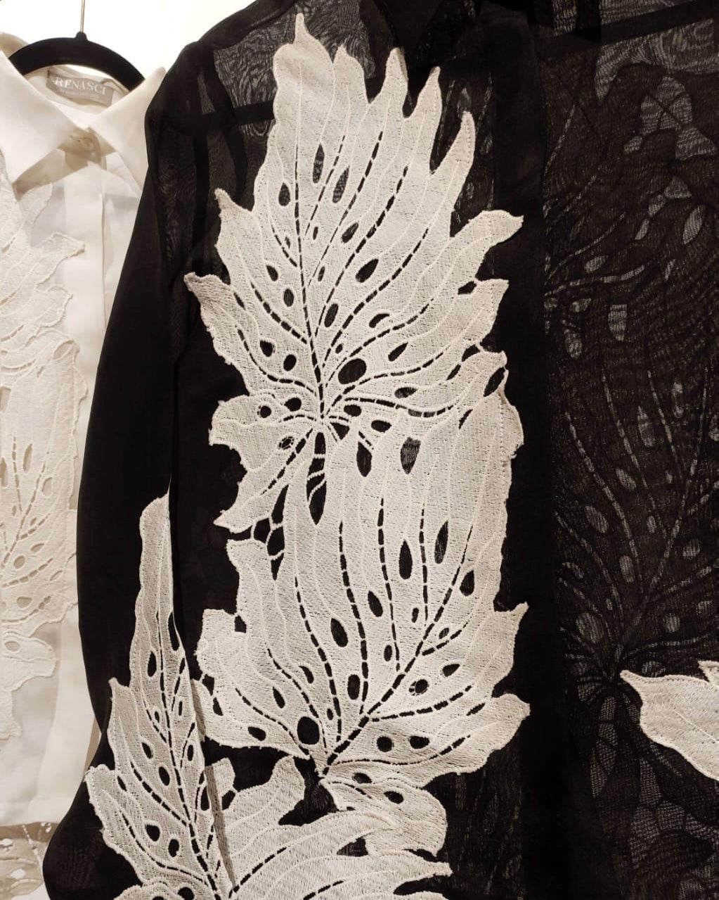 B/w leaf appliqué shirt