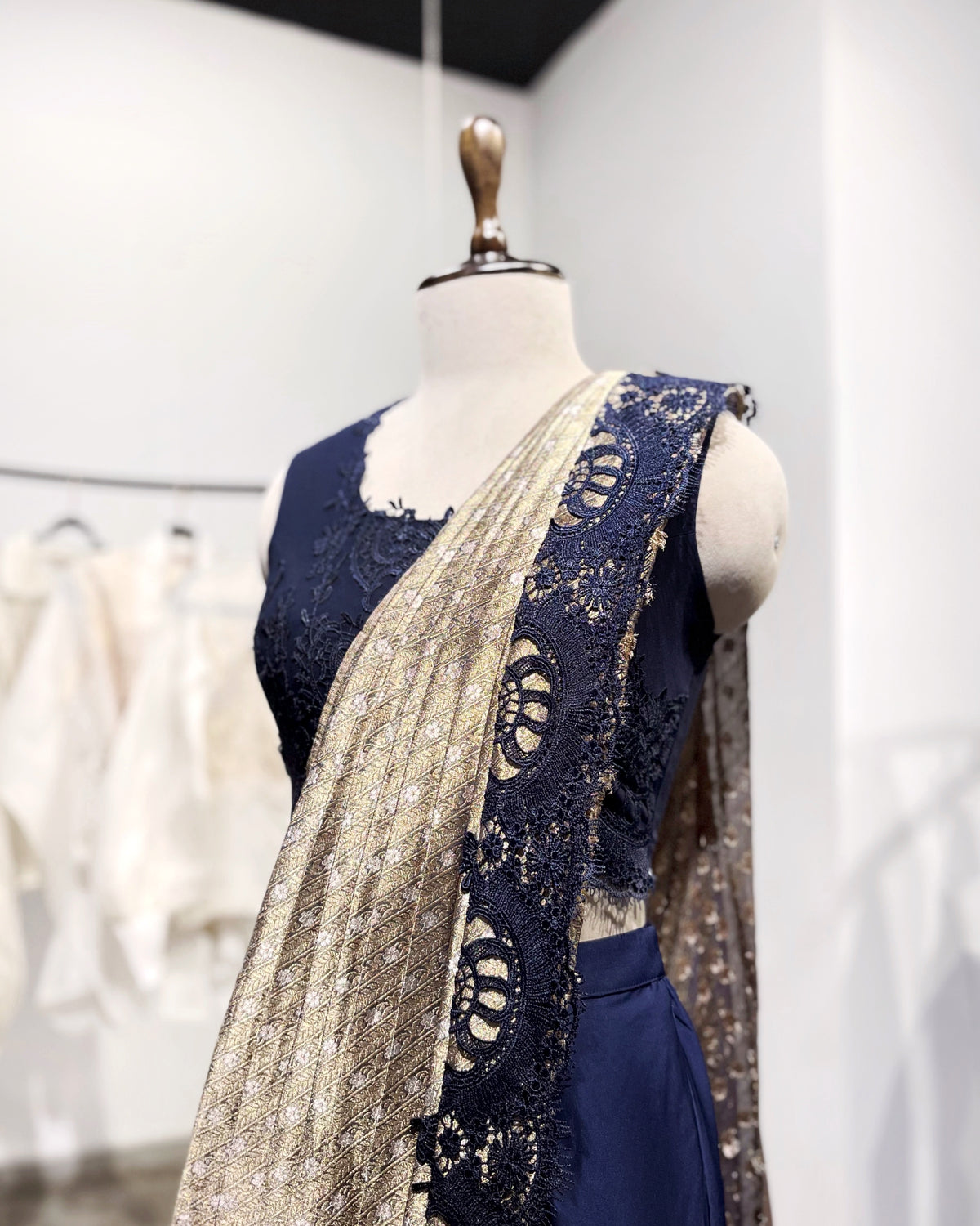 Navy-blue Banarasi saree (W) cape