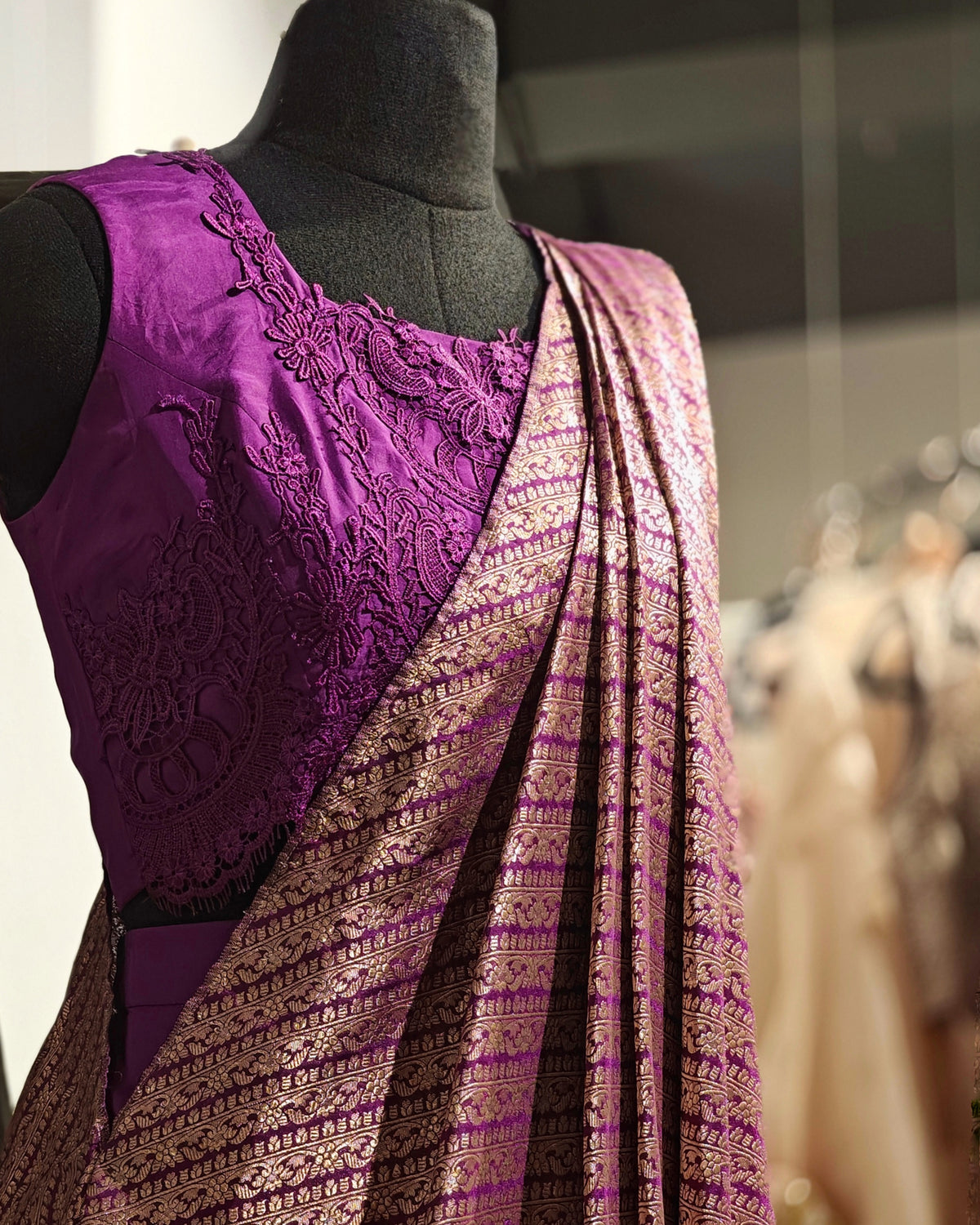 Purple Banarasi fusion saree set