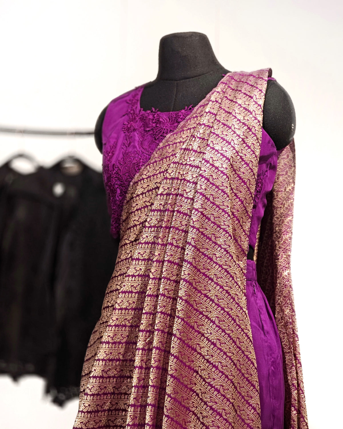 Purple Banarasi fusion saree set