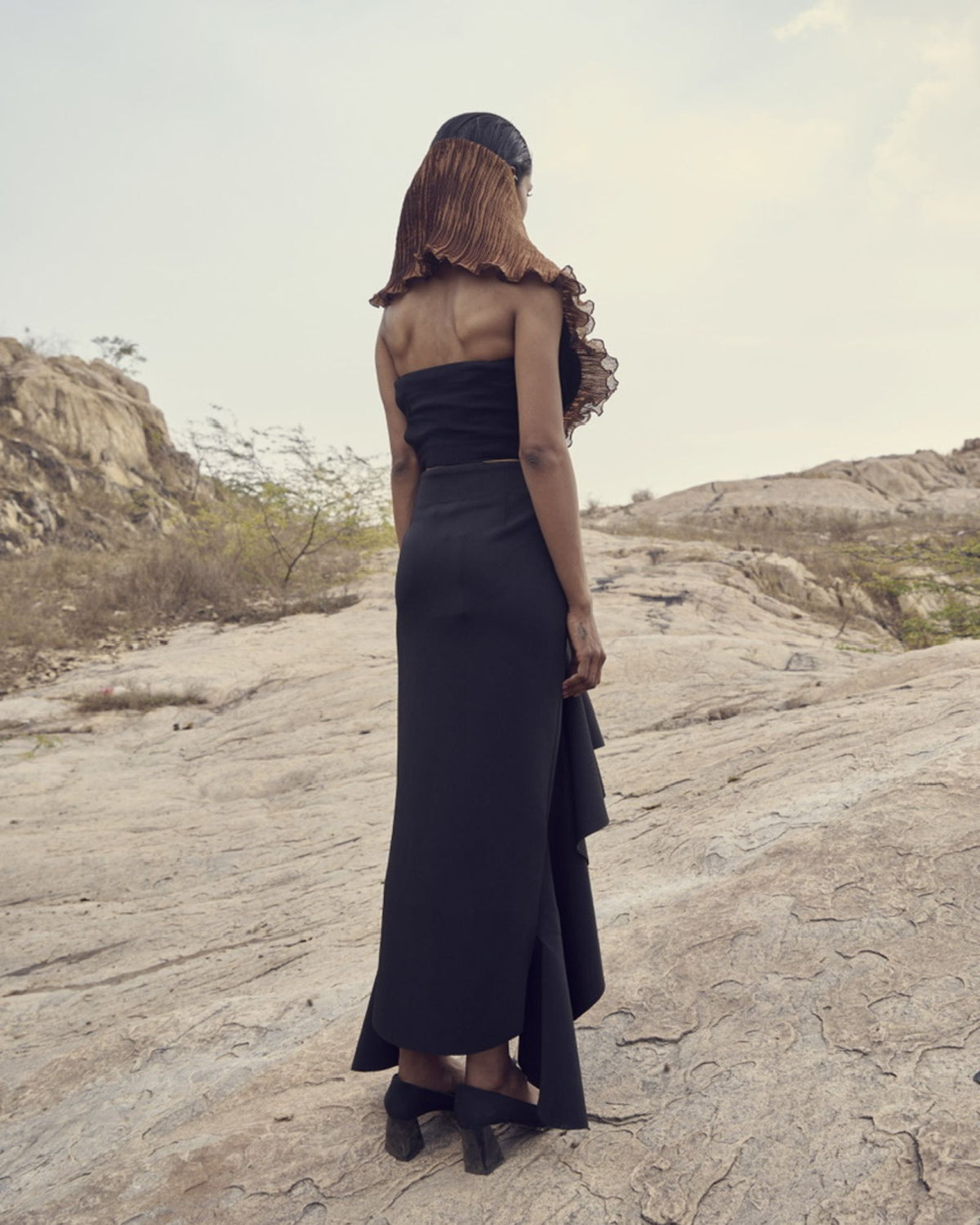 Black asymmetric ruffled skirt