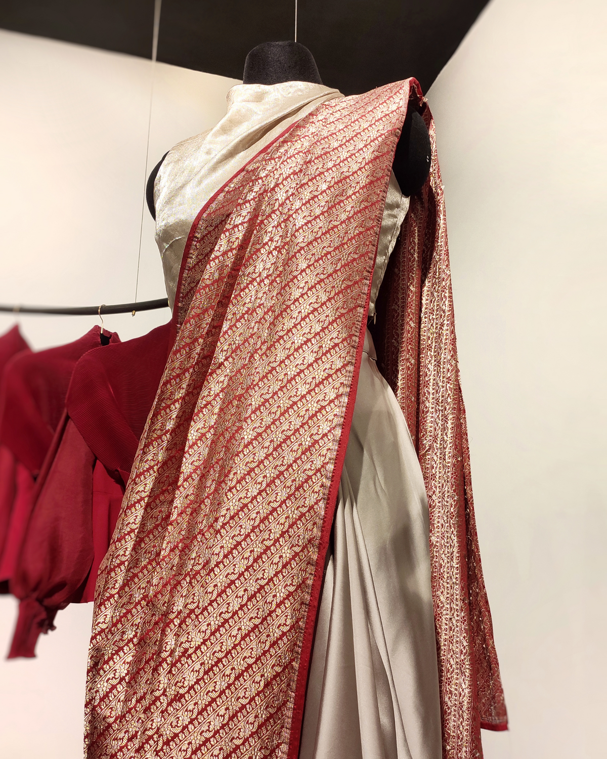 Red banarsi pre-draped saree