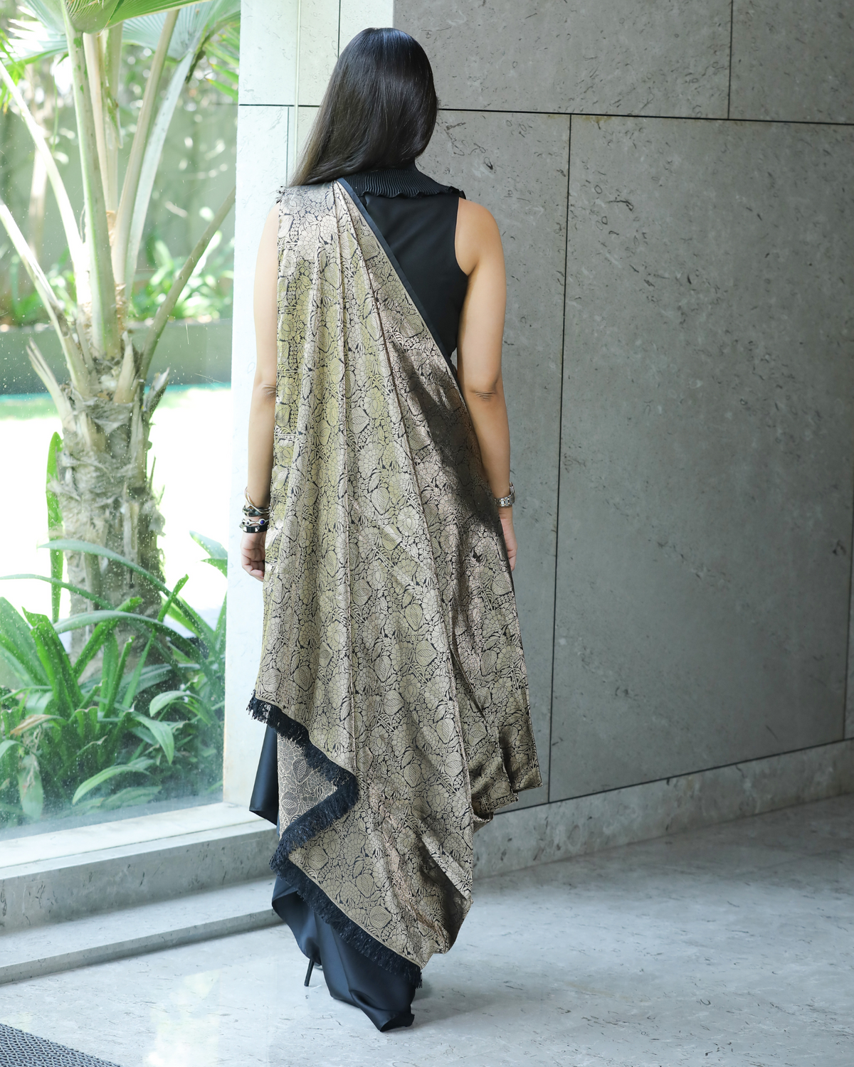 Black & gold pre-draped Banarasi saree set