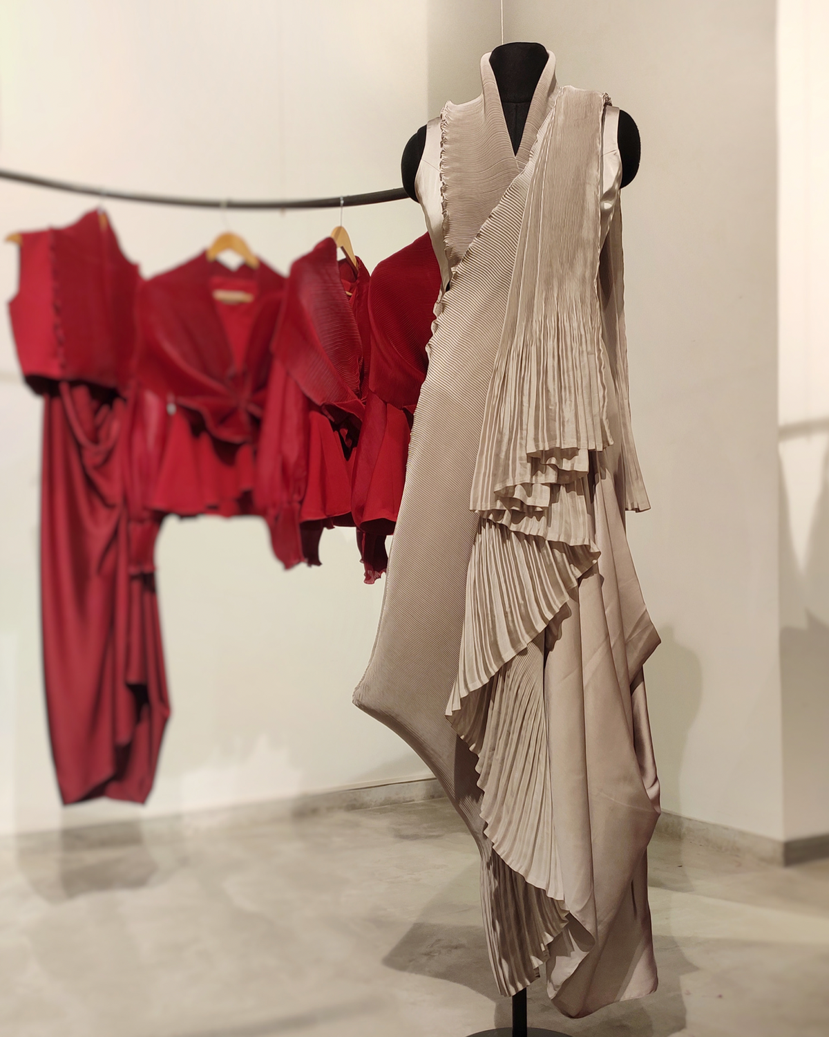 Taupe pre-draped pleated saree set