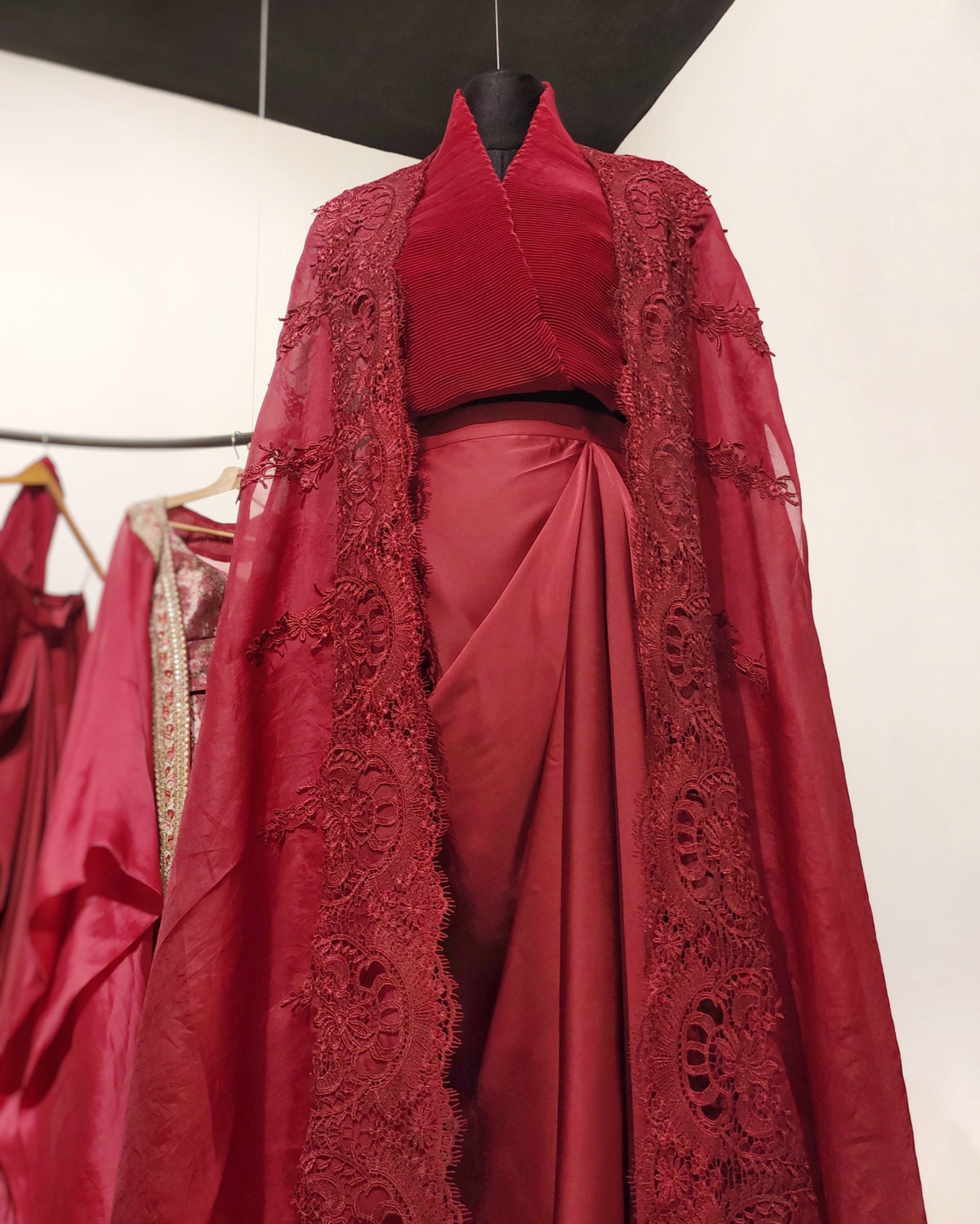 Red Signature organza cape set.