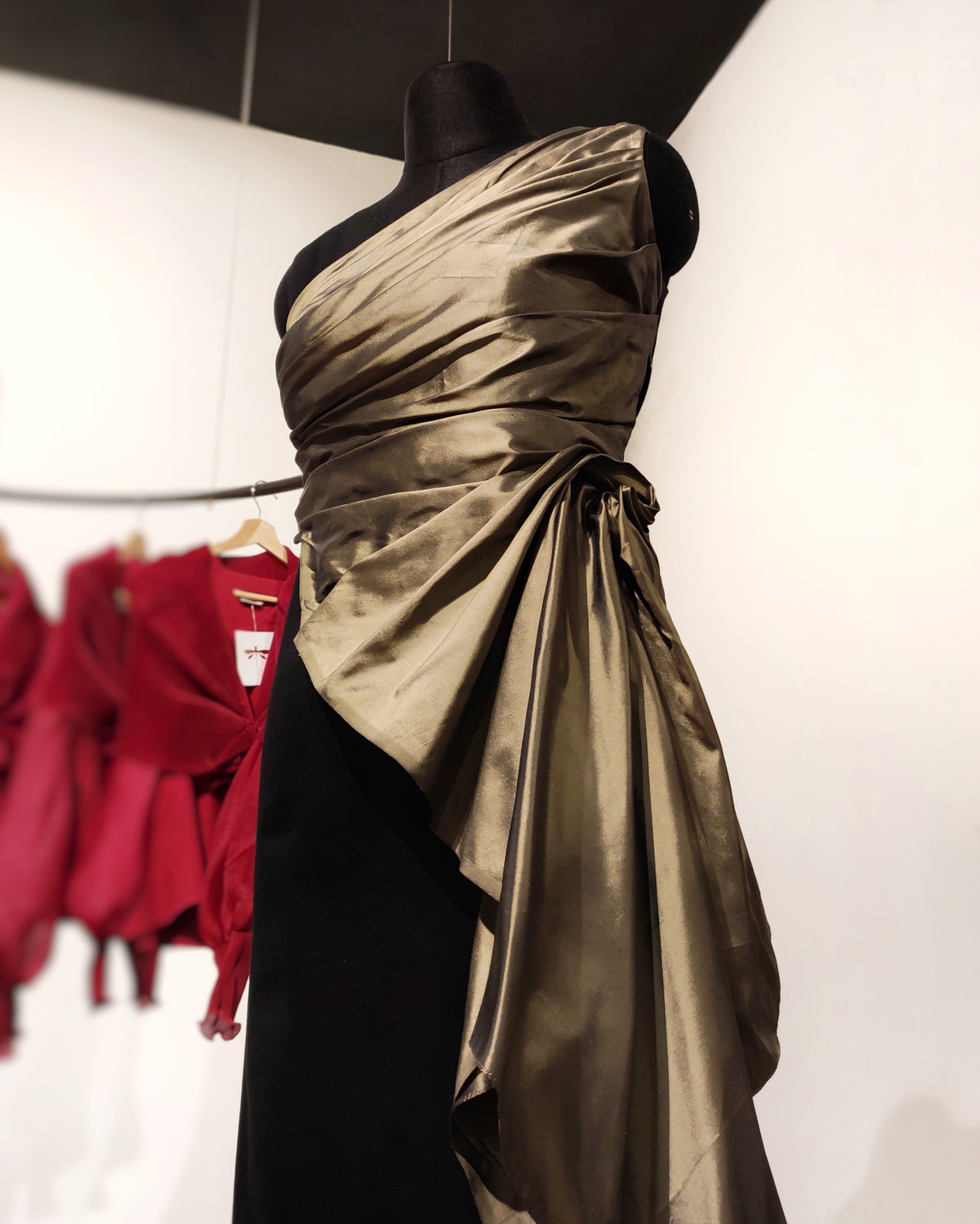 Gold taffeta draped dress