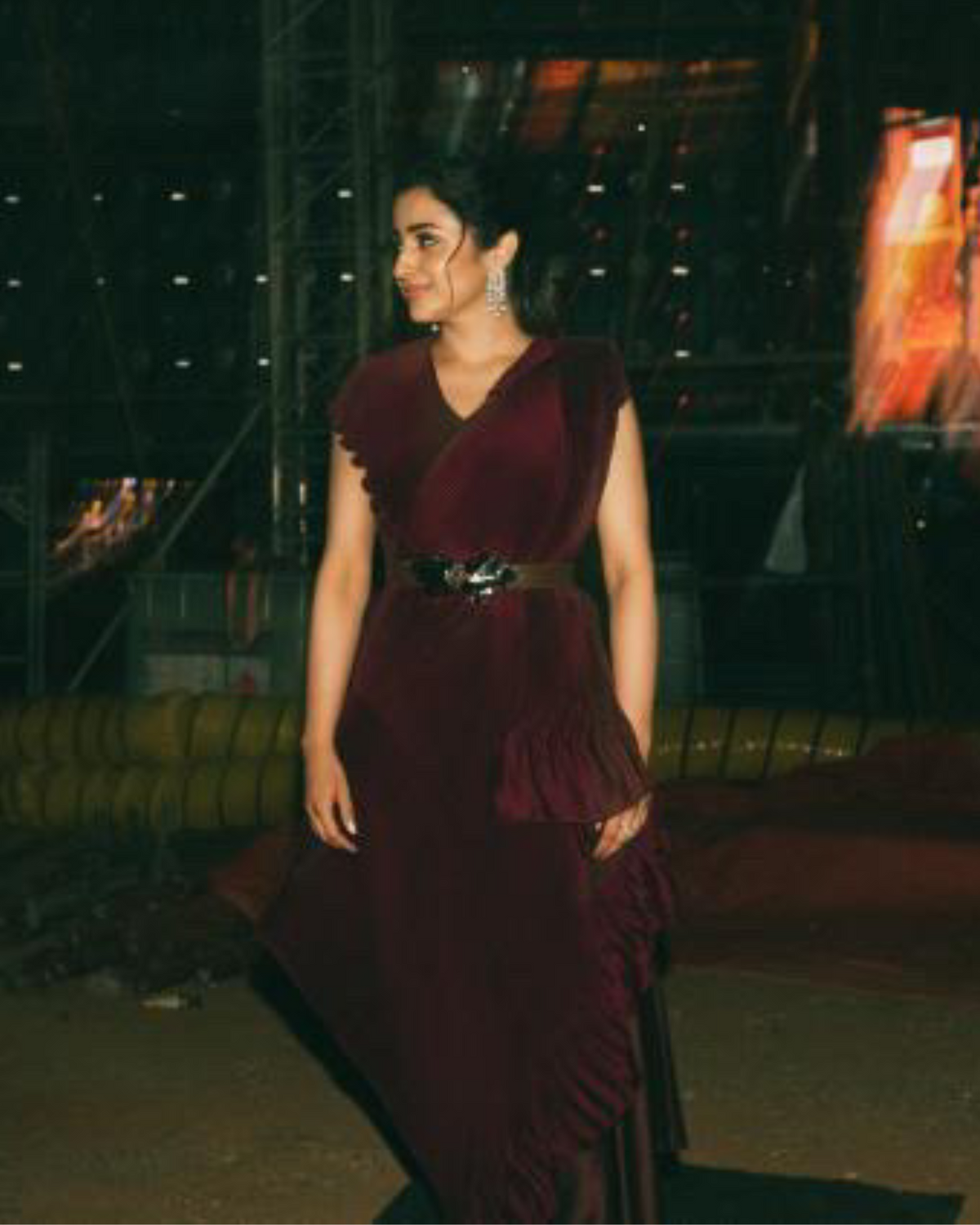 Maroon pre-draped saree set