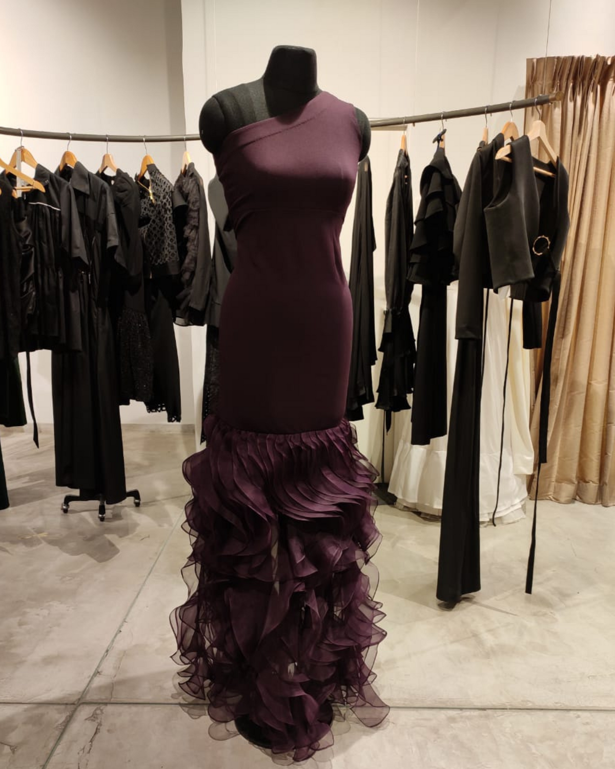 Purple bodycon organza ruffled gown