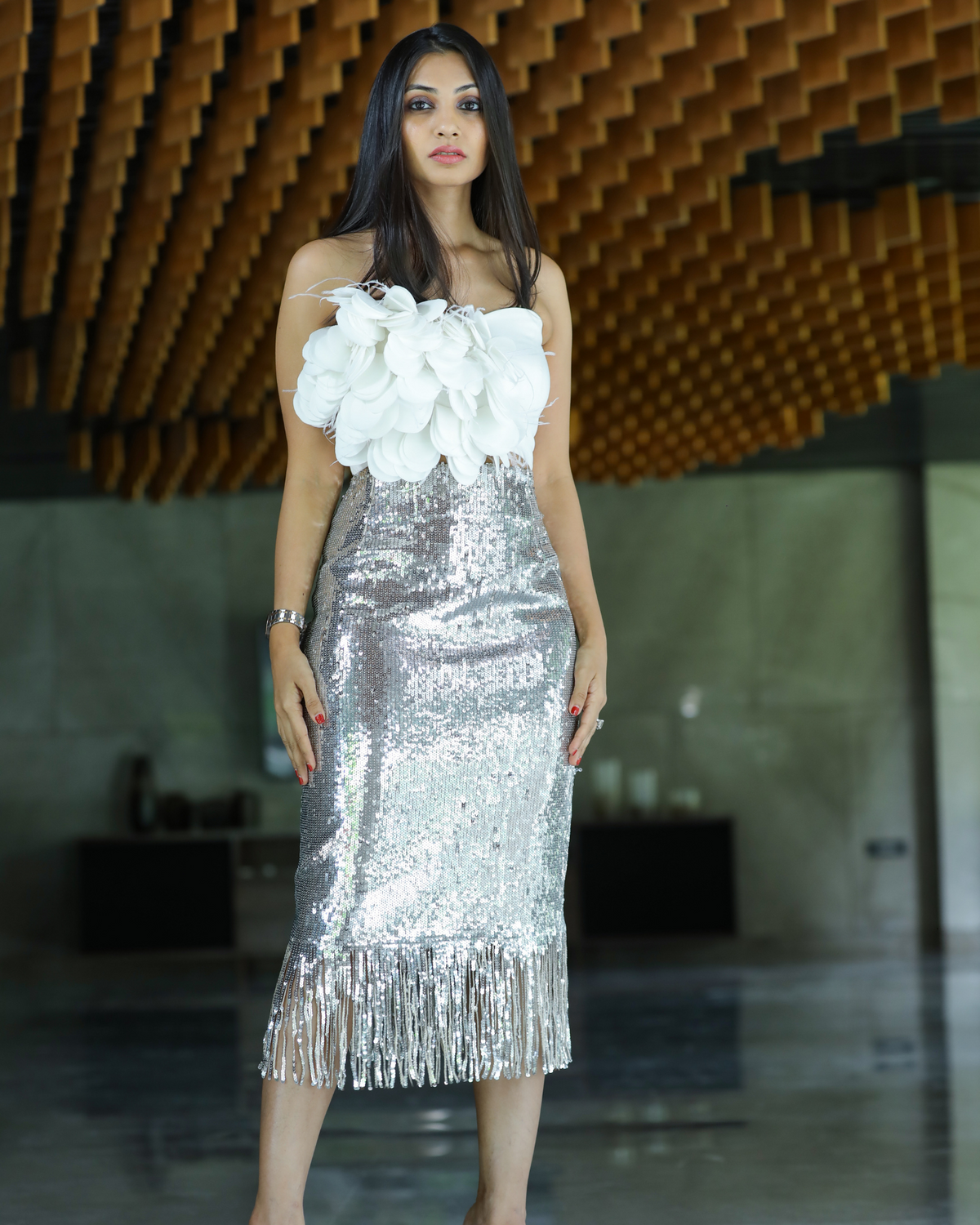 silver sequin fringes skirt