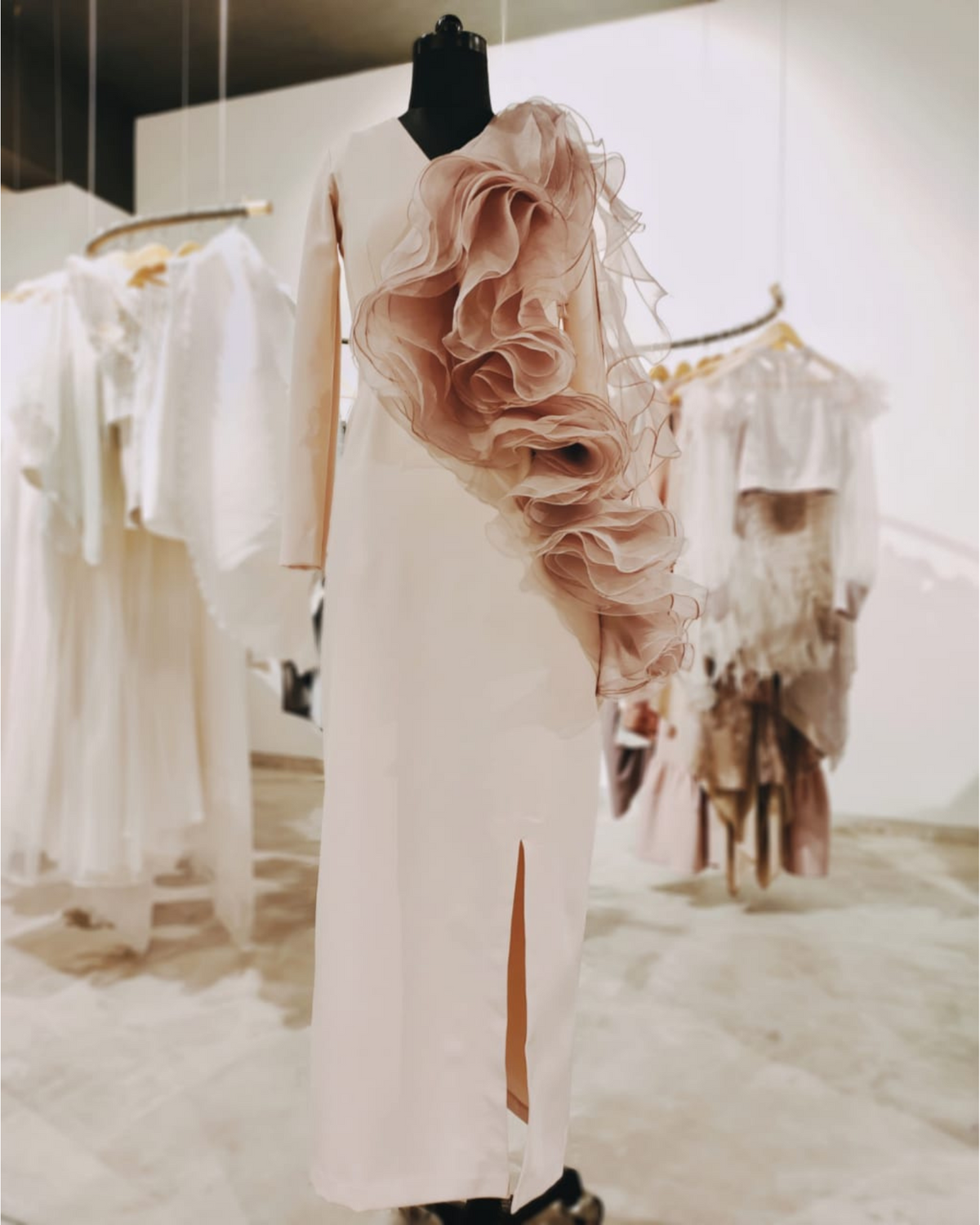 Nude pink ruffled gown