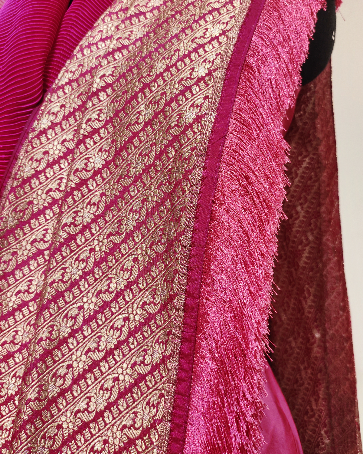 Fuchsia pre-draped saree set