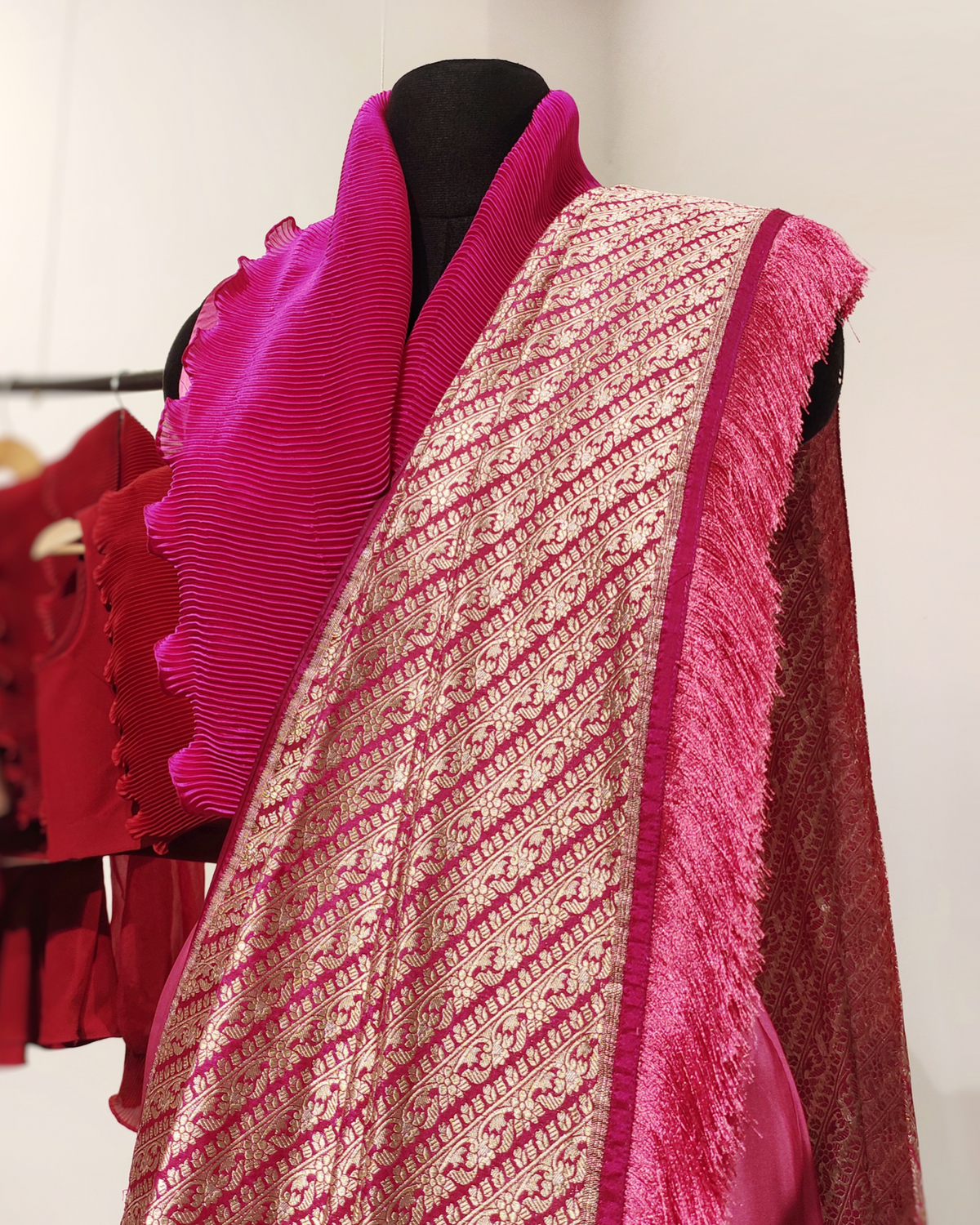 Fuchsia pre-draped saree set