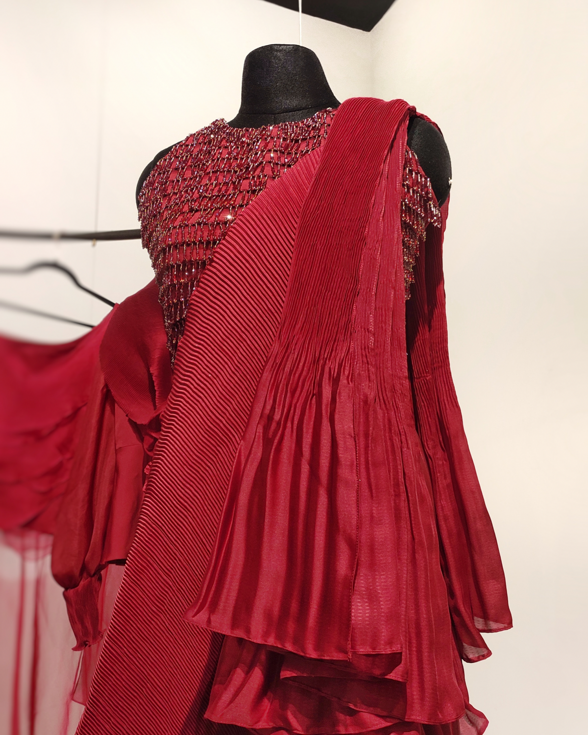 Red dazzle pleated pre-draped saree set