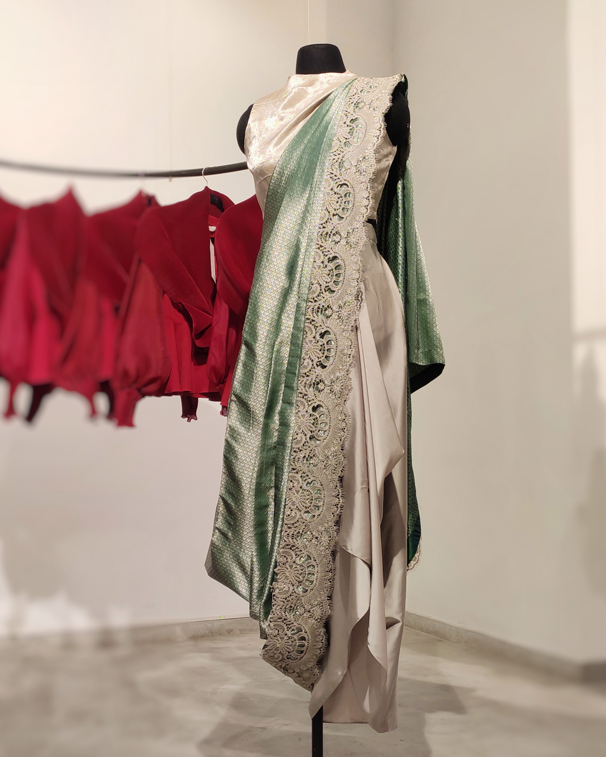 Green banarsi pre-draped saree set