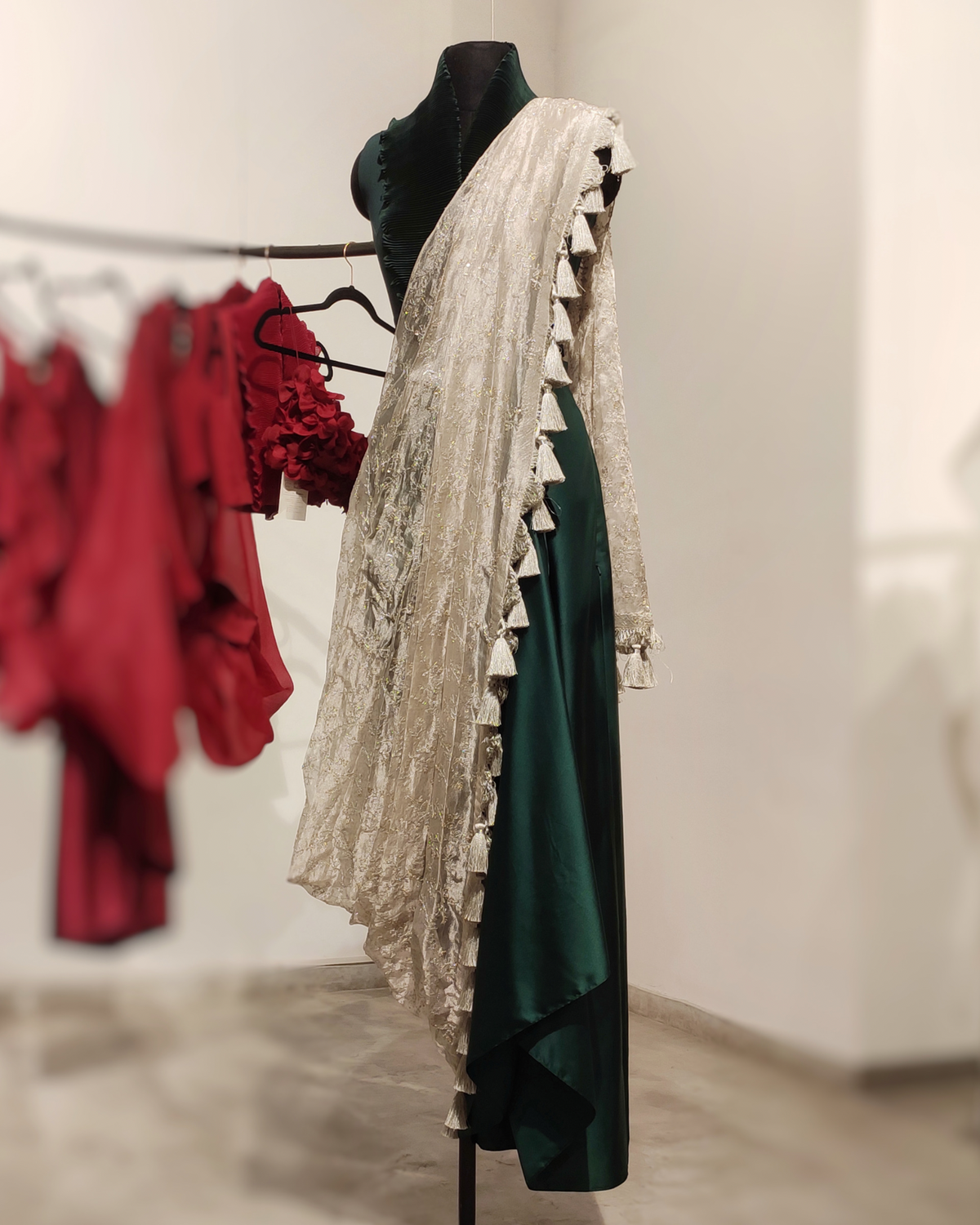 Emerald embroidered tissue organza pre-draped saree set