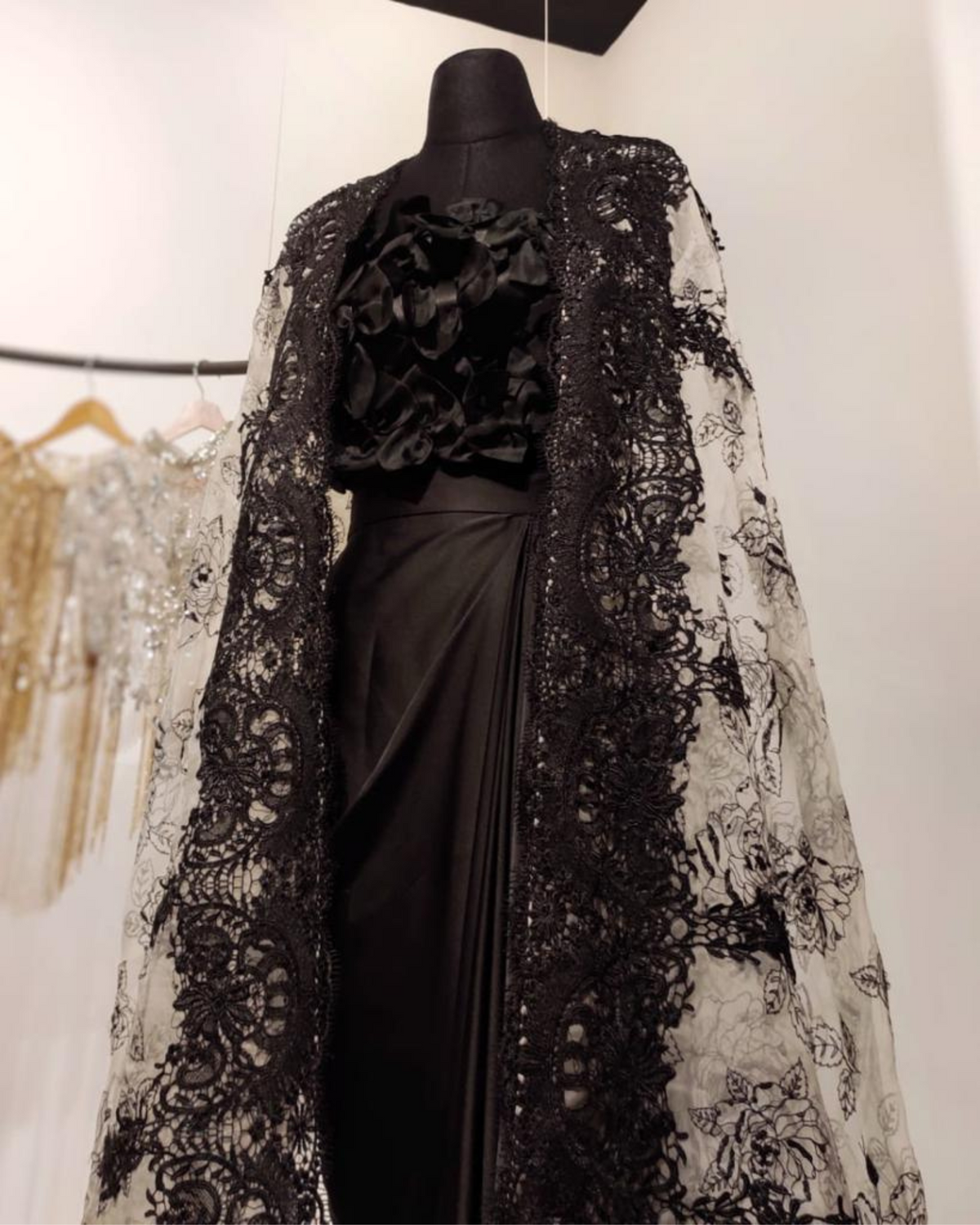 Black and grey embroidered organza cape set